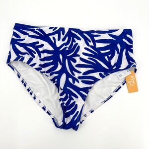 Kona Sol Womens 2X Blue White Abstract Coral High Waisted Bikini Bottoms NWT